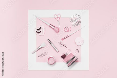 Tender pink monochrome feminine makeup tools and silver accessories framed. brushes eye lashes mascara on candy pink. Flat lay, birthday beauty cosmetics blogger advert concept. Heart, love hair clips