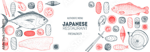 Sushi and rolls vector illustration. Hand drawn sketch. Japanese food menu design. Vintage vector elements for japanese cuisine menu. Retro style design. Food and drink collection.