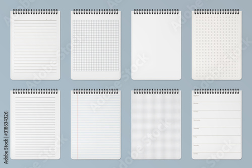 Notebooks sheets set. Lined, checkered and dots pages for memo pads and daily planner template notepad empty paper with binder iron spiral isolated on gray background. Realistic 3d Vector illustration