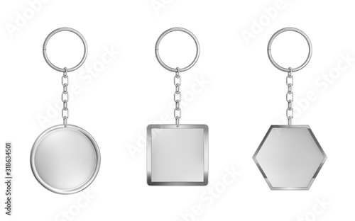Keychains set. Metal round, square and hexagon keyring holders isolated on white background. Silver colored accessories or souvenir pendants mock up. Realistic 3d vector illustration, icon, clip art photo