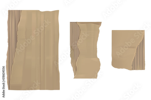 Torn cardboard paper set. Brown ragged ripped sheets pieces with corrugated texture isolated on white background, edge blank mock up for ads design. Realistic 3d vector illustration, icon, clip art