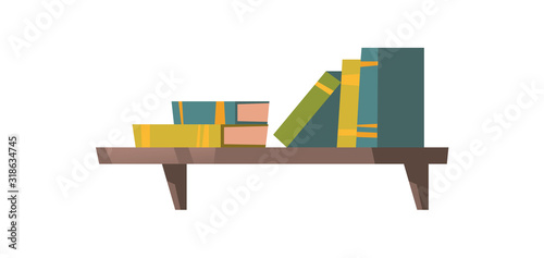 Books on wooden shelf. Vector flat illustration of home or school library, store with stack and row of colorful books isolated on white background
