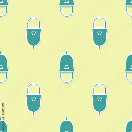 Green Police cap with cockade icon isolated seamless pattern on yellow background. Police hat sign. Vector Illustration