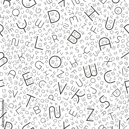 Stylish seamless vector alphabet pattern. Fashion white repeatable background with black english latin letters