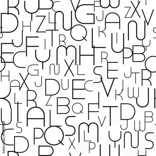 Abstract seamless alphabet pattern with stylish black latin letters. White repeatable unusual background. Can be used like wrapping paper, textile cover, wallpaper or for your other design and ideas
