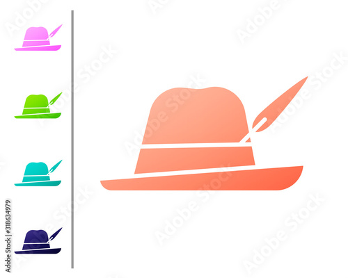 Coral Oktoberfest hat icon isolated on white background. Hunter hat with feather. German hat. Set color icons. Vector Illustration
