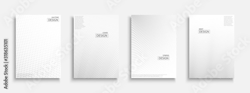 Abstract halftone futuristic templates, posters, placards, brochures, banners, flyers, backgrounds and etc. White and gray textures. Dotted and striped minimalistic contemporary covers