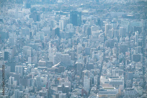 dust during daytime in a very polluted city - in this case Tokyo  Japan. Cityscape of buildings with bad weather from Fine Particulate Matter. Air pollution.