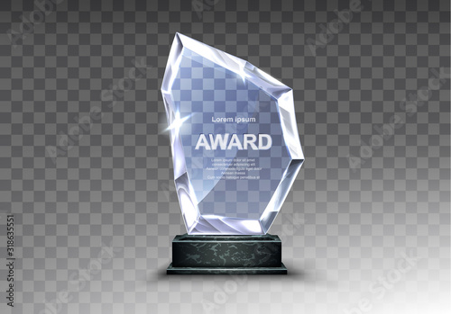 Glass award trophy or winner prize realistic vector illustration. Transparent crystal plate or acrylic diamond frame on black marble pedestal, isolared front view with light and shadow