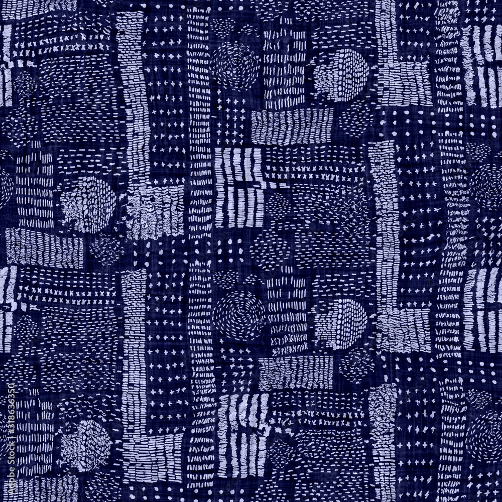 Indigo blue sashiko dyed effect texture background. Seamless japanese  repeat pattern swatch. Worn running embroidery stitch dye. Asian fusion all  over kimono textile. Worn boro wabi sabi cloth print ilustración de Stock