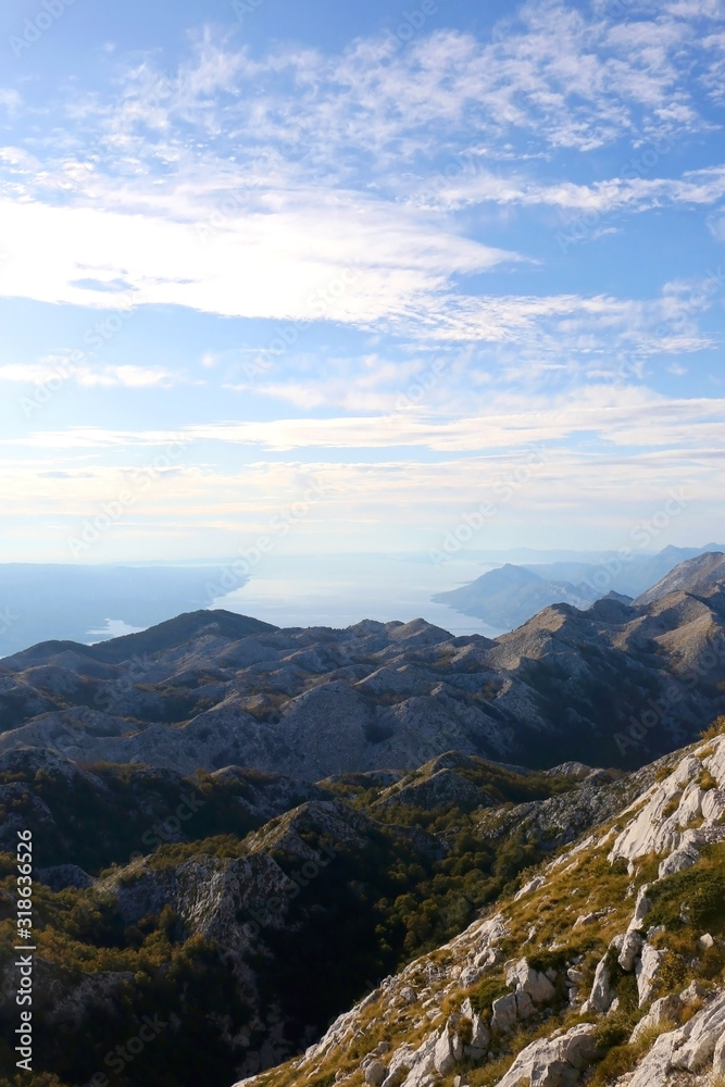 Beautiful view of Biokovo mountain and Adriatic sea from St. Jure peak in Dalmatia, Croatia.