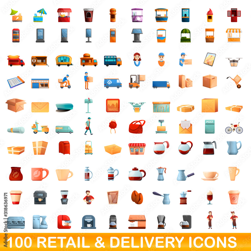 100 retail and delivery icons set. Cartoon illustration of 100 retail and delivery icons vector set isolated on white background