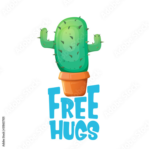 Free hugs text and cartoon green cactus in pot white on violet background. funny houseplant icon with quote or slogan for print on tee. International free hugs day concept
