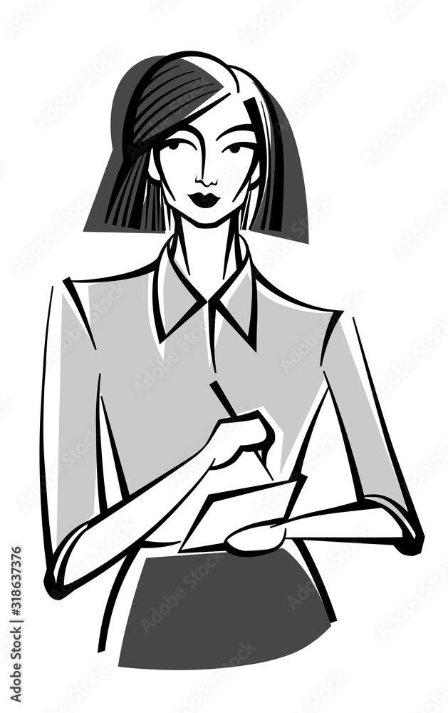 business woman in formal suit makes notes. flat illustration on white background business woman in formal suit makes notes. flat illustration on white background