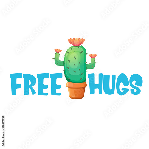 Free hugs text and cartoon green cactus in pot white on violet background. funny houseplant icon with quote or slogan for print on tee. International free hugs day concept