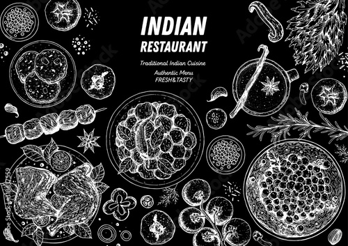 Indian food illustration. Hand drawn sketch. Vector illustration. Menu background.