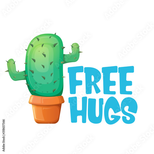 Photo Free hugs text and cartoon green cactus in pot white on violet background