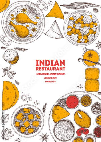 Indian food illustration. Hand drawn sketch. Vector illustration. Menu background.