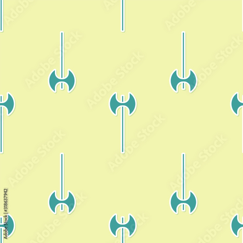 Green Medieval axe icon isolated seamless pattern on yellow background. Battle axe, executioner axe. Medieval weapon. Vector Illustration
