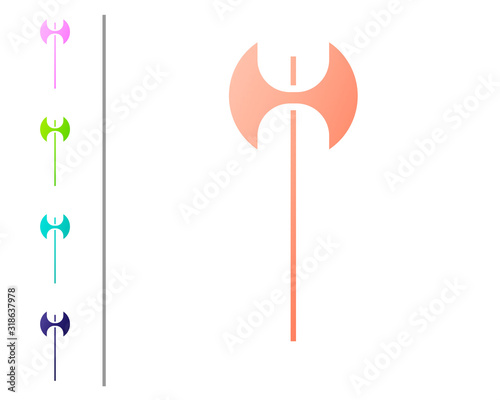 Coral Medieval axe icon isolated on white background. Battle axe, executioner axe. Medieval weapon. Set color icons. Vector Illustration