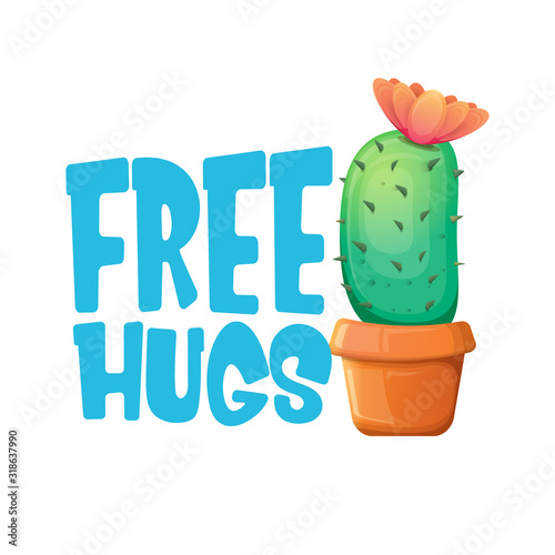 Free hugs text and cartoon green cactus in pot white on violet background. funny houseplant icon with quote or slogan for print on tee. International free hugs day concept