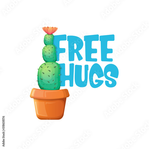 Free hugs text and cartoon green cactus in pot white on violet background. funny houseplant icon with quote or slogan for print on tee. International free hugs day concept