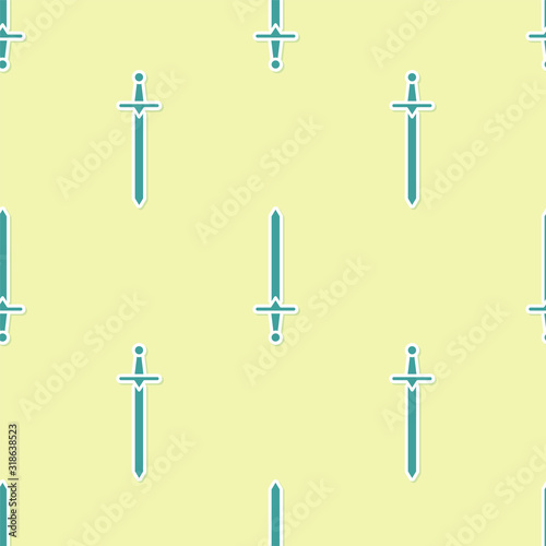 Green Medieval sword icon isolated seamless pattern on yellow background. Medieval weapon. Vector Illustration