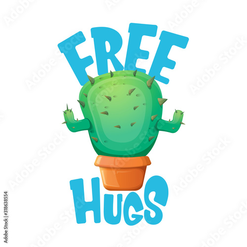 Free hugs text and cartoon green cactus in pot white on violet background. funny houseplant icon with quote or slogan for print on tee. International free hugs day concept