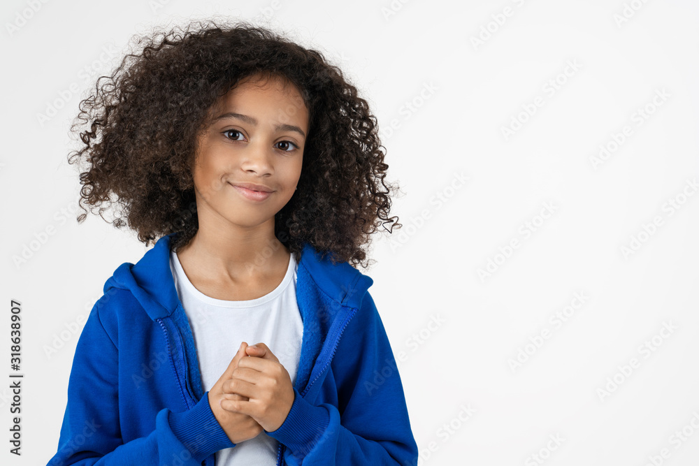 Portrait of cute preteen african girl over white background Stock Photo ...