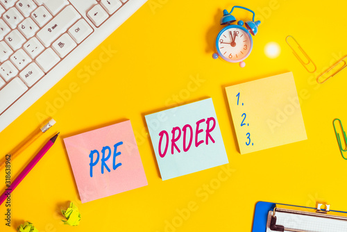 Writing note showing Pre Order. Business concept for an order for a product placed before it is available for purchase Flat lay above copy space on the white crumpled paper photo