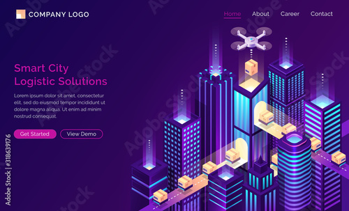 Smart city logistic solutions isometric landing page. Drone delivery cargo on conveyor belt at modern neon buildings. Goods transportation export and import service 3d vector illustration, web banner