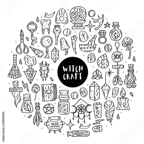 Witchcraft cute vector doodle hand drawn big clip art, set of design elements, icons, stickers. Black line art design. Isolated on white background. Easy to change color. Different witch magic staff.