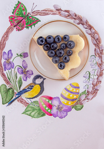 Homemade cheesecake decorated with blueberry over on watercolor drawing background. Top view. Easter cake photo