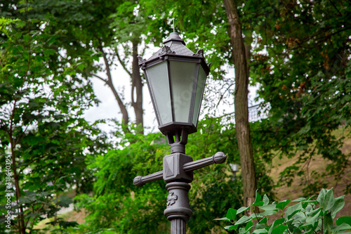 iron street lamp in retro style with glass inserts, in the park in the background trees with branches and green leaves on a summer day.