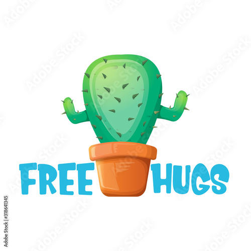 Free hugs text and cartoon green cactus in pot white on violet background. funny houseplant icon with quote or slogan for print on tee. International free hugs day concept
