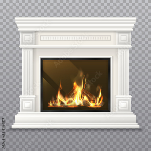 Realistic 3D classic fireplace with burning fire