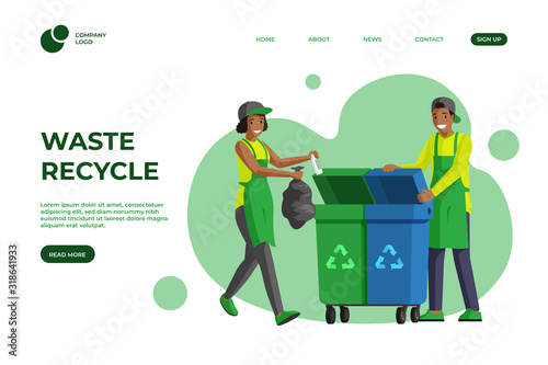 Garbage recycling landing page flat template. Trash reducing, waste management, sustainable lifestyle one page website design. Volunteer cleaning, waste sorting homepage cartoon color layout