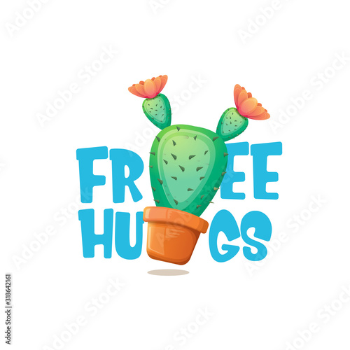 Free hugs text and cartoon green cactus in pot white on violet background. funny houseplant icon with quote or slogan for print on tee. International free hugs day concept
