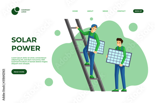 Solar power landing page vector template. Using alternative and renewable green energy website design. Solar panels installation, photovoltaic module mounting service web one page cartoon layout