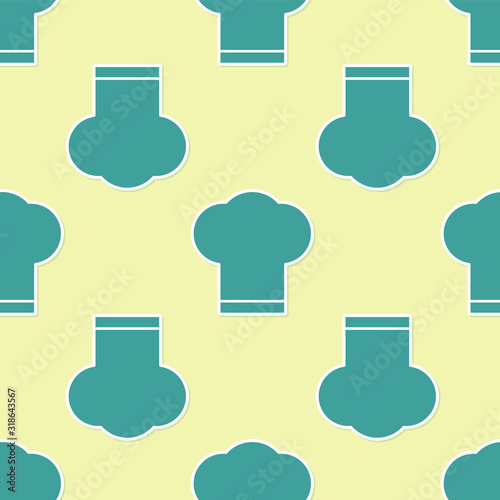 Green Chef hat icon isolated seamless pattern on yellow background. Cooking symbol. Cooks hat. Vector Illustration