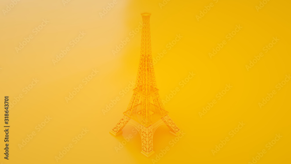 Eiffel Tower isolated on yellow background. Travel France. 3d illustration