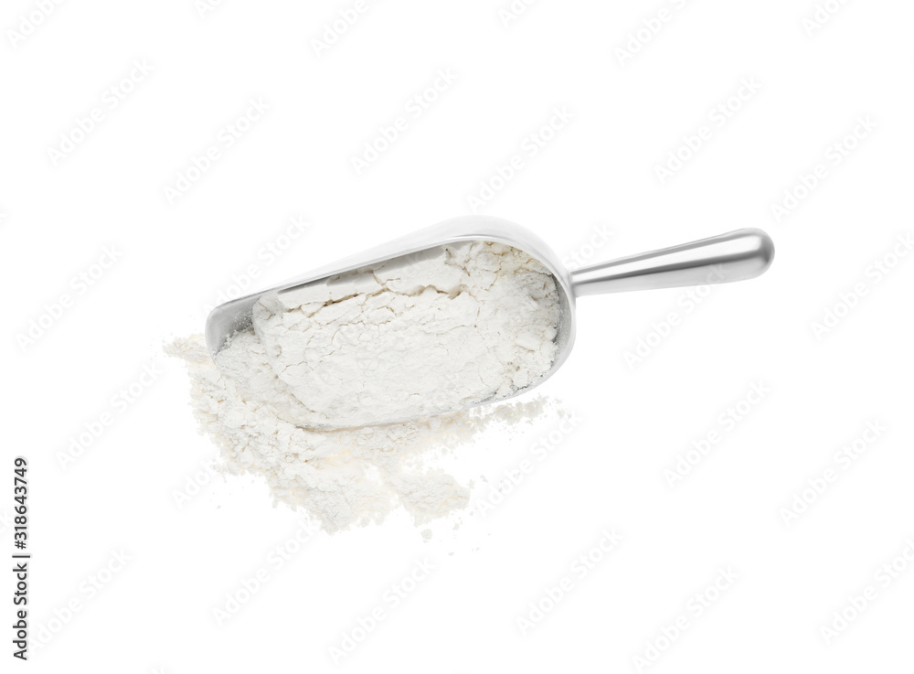 Scoop with flour isolated on white, top view Scoop with flour isolated on white, top view