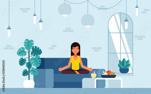 Vector illustration of feng shui, she achieved an energy balance by creating a favorable space around herself