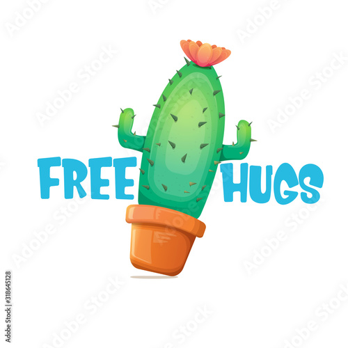 Free hugs text and cartoon green cactus in pot white on violet background. funny houseplant icon with quote or slogan for print on tee. International free hugs day concept