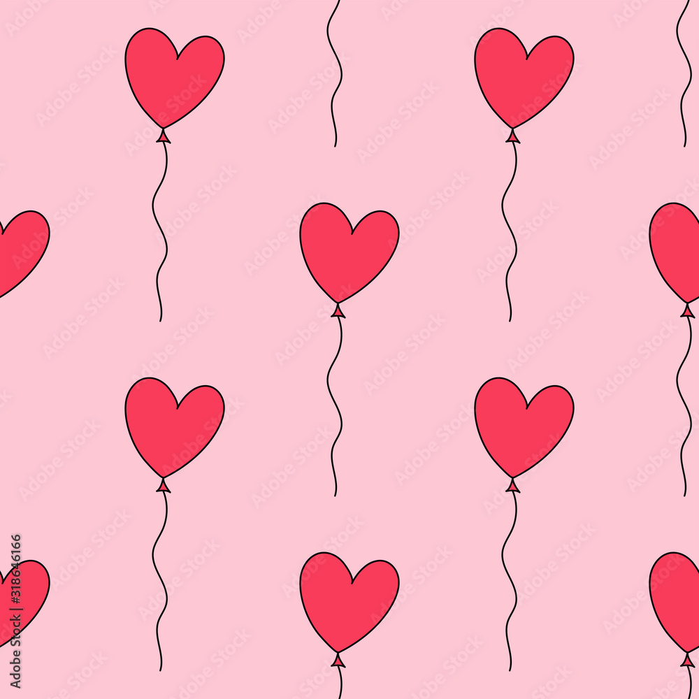 Heart shaped balloons seamless repeat pattern.Red flying balloons on pink background.Valentine's day seamless repeat pattern.