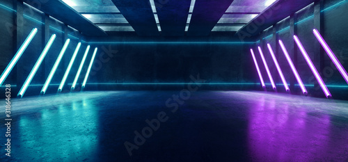 Fototapeta Naklejka Na Ścianę i Meble -  Sci Fi Futuristic Neon Glowing Purple Blue Concrete Grunge Underground Garage Hallway Tunnel Parking Car Showcase Empty Dark 3D Rendering