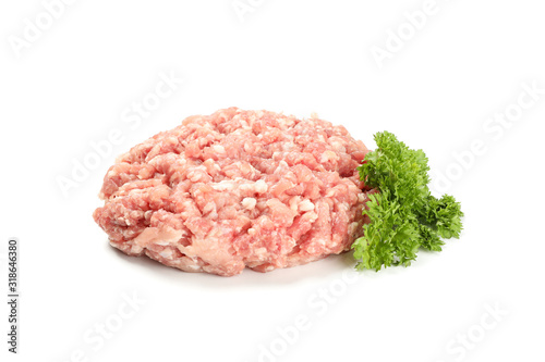 Tasty minced meat and curly parsley isolated on white background