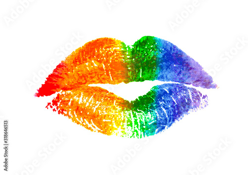 Beautiful lips kiss trace with LGBT symbol pride flag rainbow colors print isolated on white background.