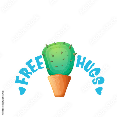 Free hugs text and cartoon green cactus in pot white on violet background. funny houseplant icon with quote or slogan for print on tee. International free hugs day concept