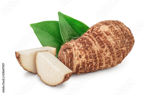 fresh taro root with slices and leaf isolated on white background photo